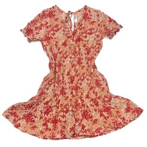 VESTIQUE-Peach Smocked Mini Dress – Size Small, Viscose, Puff Sleeves, Tie-Back